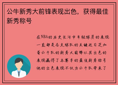 公牛新秀大前锋表现出色，获得最佳新秀称号